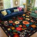 Floral Nursery 8x10 Area Rugs Washable Print Boho Cute Carpet Non Slip Flower Low Pile for Living Room Kids Girls Playroom Bedroom Kitchen Office Farmhouse-Black