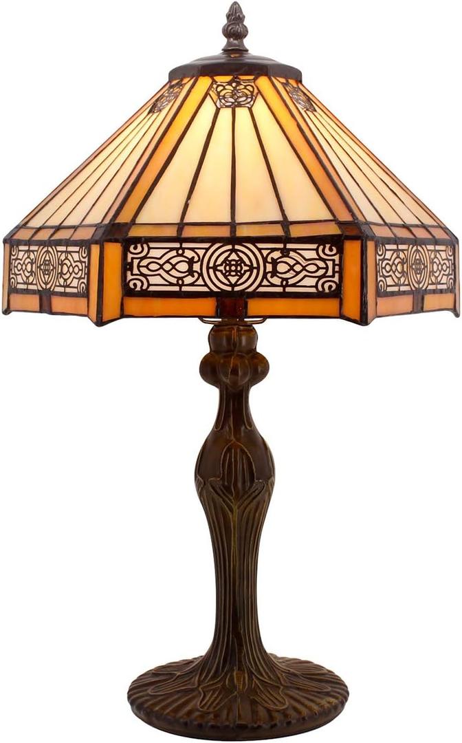 WERFACTORY Tiffany Lamp Yellow Hexagon Stained Glass Mission Style Table Lamp Desk Bedside Reading Light 12X10X18 Inches Decor Bedroom Living Room Home Office S011 Series