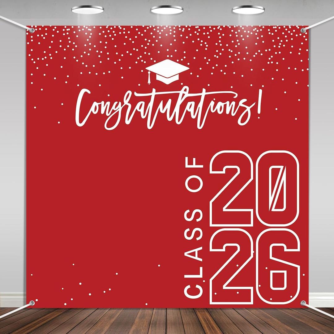 Class of 2026 Graduations Backdrop Congrats Grad Party Photo Background, 6 * 6ft Large Booth Props Congratulations Banner for 2026 Graduation Party Decorations Supplies(Red White)