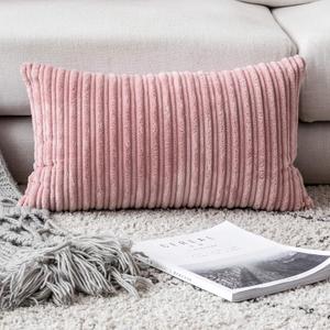 UGASA 14x24 Inch Pillow Cover Pack of 1 Soft Boho Stripe Corduroy Long Rectangular Lumbar Cushion Cover Farmhouse Decorative Throw Pillowcase for Bed, Couch, Sofa, Bedroom, Living Room, Baby Pink