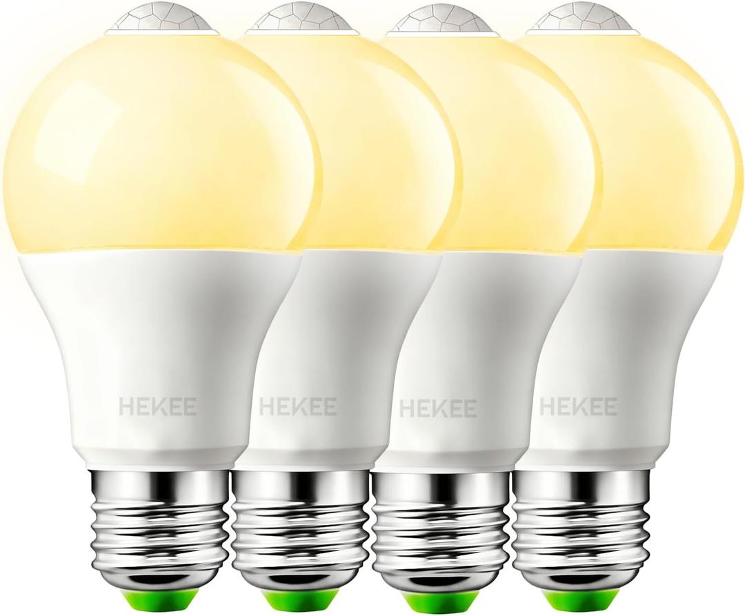 HEKEE Motion Sensor LED Light Bulb 9W A19 PIR Built-in IR 60W Equivalent Bright 810 Lumens E26 Base Warm White Bulbs (4 Packs)