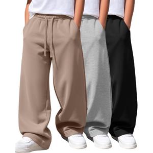 3 Pack Boys Wide Leg Sweatpants Lightweight Baggy Pant, Black Gray Nude XL
