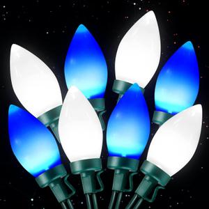 C9 Christmas Lights Outdoor 50 LED Blue + White Strawberry Waterproof Ice Lights String Xmas Tree Indoor Decoration Plug in 34.5 Feet Used for Home Festive Courtyard Patio Garden