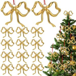 Tondiamo 12 Pcs Christmas Metal Bow Ornaments Gold Bow Decoration for Christmas Tree Topper Garland Fireplace Wreath Xmas Tree Hanging Ornaments Home Indoor Outdoor