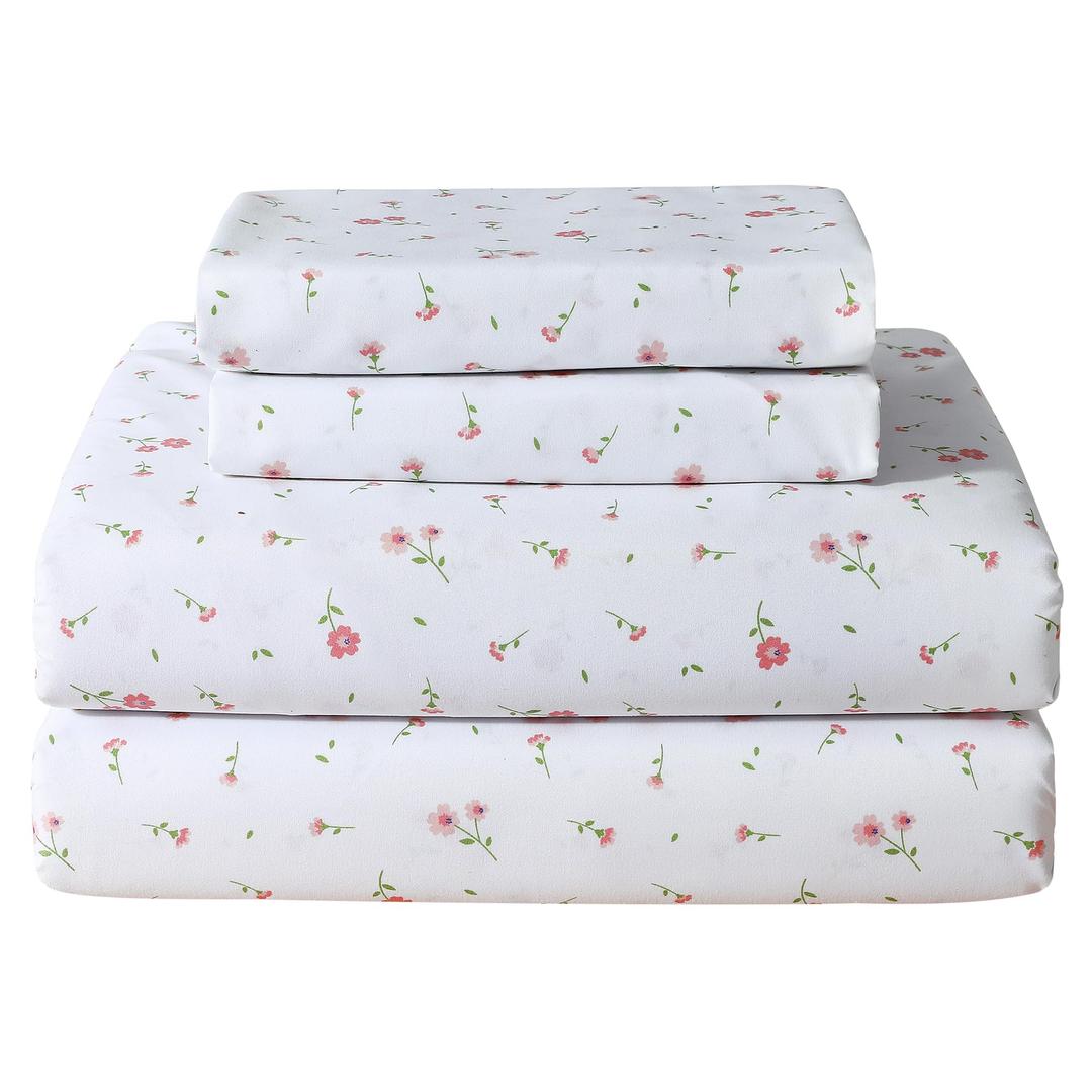 Pink Floral King Bed Sheet Set, Cozy Microfiber Patterned Fitted Sheets with 15" Deep Pocket & Non-Slip Straps, Cute Purple Flower Printed Sheets & Pillowcase Set King