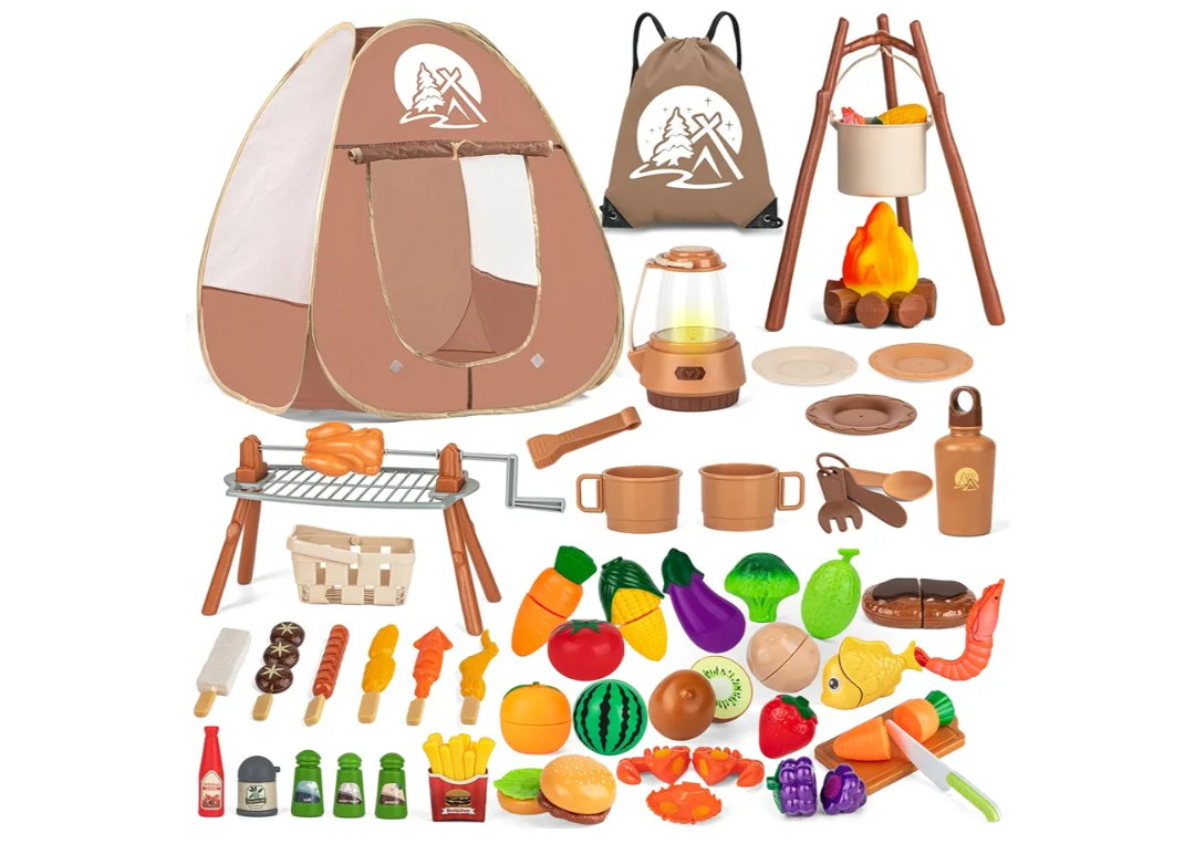 80PCS Kids Camping Toys Set with Play Tent Campfire Toys,Toy BBQ Grill Set,Pretend Cutting Play Food Set for Kid Kitchen, Indoor Outdoor Toys Pretend Playset for Toddler,Gifts for Boys Girls