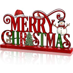 Metal Merry Christmas Sign 11.8 Inch Christmas Table Decoration Red and Green Xmas Metal Word Sign Centerpiece with Wooden Base for Home Tiered Tray Party Tabletop Mantel Fireplace