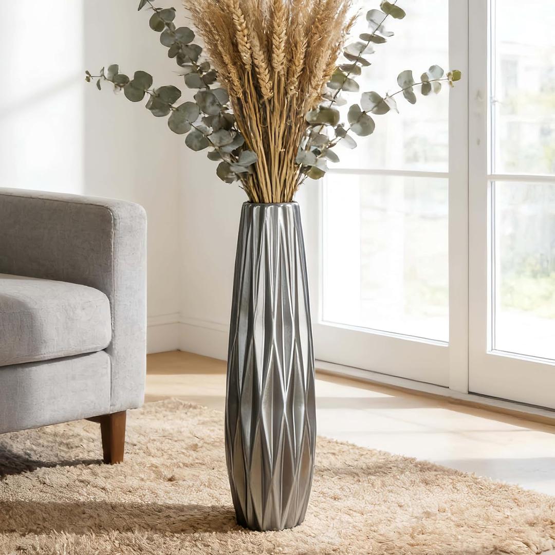Silvery Ceramic Tall Floor Vase, 24 Inch Large Modern Flower Vases for Home Dcor, Wicker Big Floor Vases Decorations for Farmhouse, Living Room, Bedroom, Standing Plastic Vase Decorative Tall