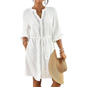 Bsubseach Swimsuit Coverup for Women V Neck Bathing Suit Cover Up with Pocket Drawstring Button Down Beach Shirt Dresses (White, S)