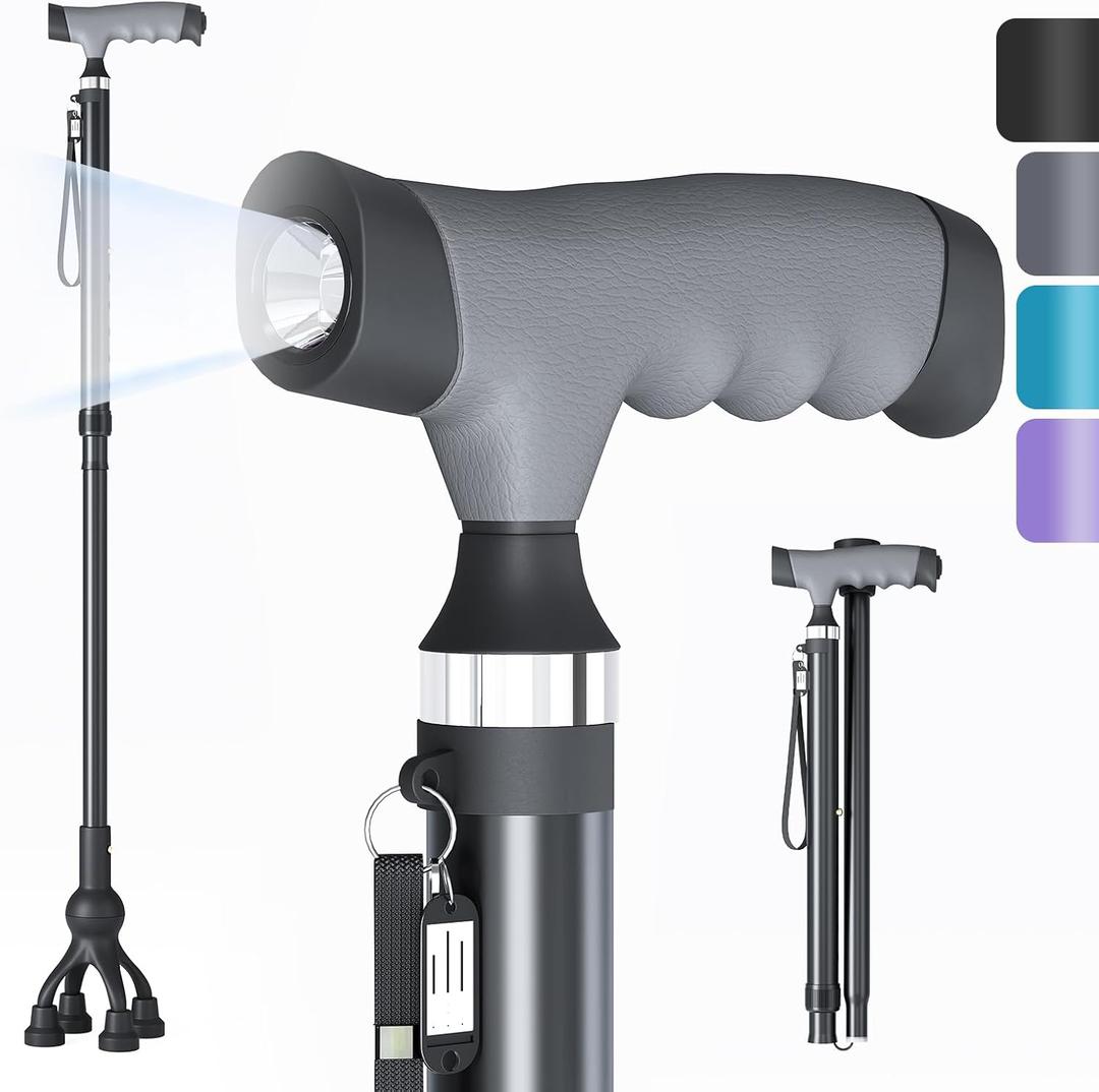 Walking Cane with LED Light for Seniors Men Women, Adjustable Folding Canes for Elderly, Ergonomic Handle & All Terrain Shock Absorbing Base, Walking Sticks for Indoor Outdoor Travel Hiking Support (Black)