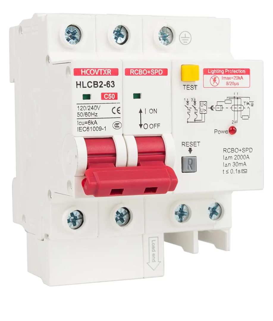 120V-240V Circuit Breaker with Leakage Protection,50 Amp RCBO and Surge Protector Breaker,DIN Rail Mount Ground Fault Circuit Breaker for Residential Industrial Outdoor