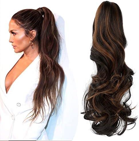 Mitrygreen Claw Clip Ponytail Extension 18" Clip in Wavy Ponytail Hair extensions Long Pony Tails for Women Extensions Dark Brown Mix Light Auburn Wave Hairpiece