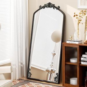 Black Arched Full Length Mirror 71"32", Large Baroque Inspired Floor Mirror, Ornate Antiqued Hanging Mirror for Wall with Tempered Glass and Metal Frame, Living Room/Bedroom/Hallway/Home Decor
