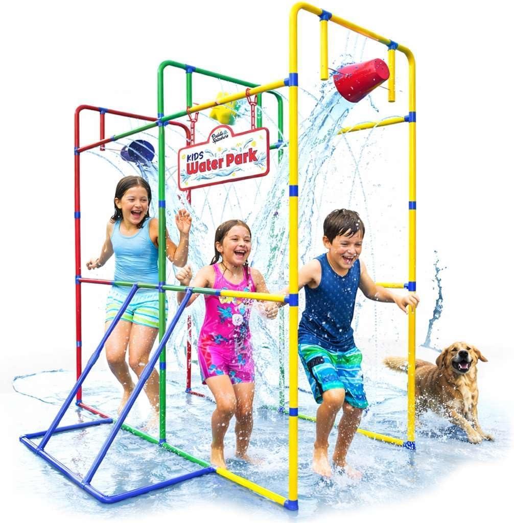 Backyard Waterpark with Splash Wheel, Dump Buckets for Kids Outdoor Water Play, 68L x 35W x 77.5H