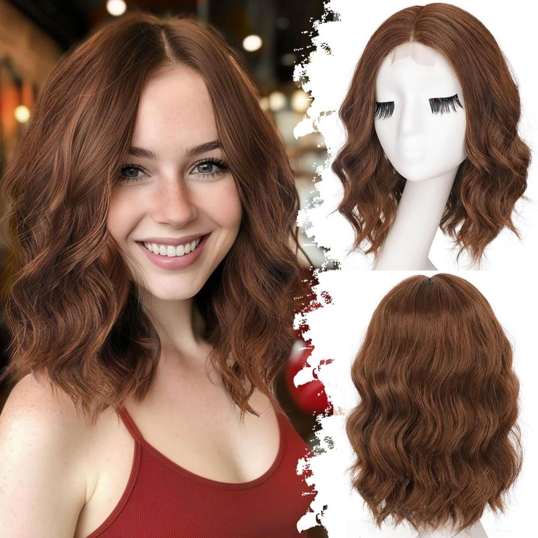 Eawwii Chestnut Brown Short Wavy Wig for Women Lace Hairline Bob Style Synthetic Heat Resistant - Natural Appearance for Everyday Hairstyle 14 Inch