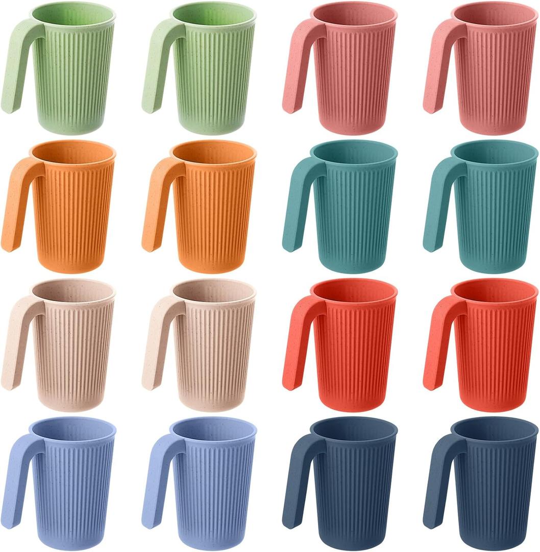 Dandat 16 Pcs Wheat Straw Cup with Handle Colorful Wheat Straw Mug Stackable Plastic Coffee Cups 12oz Unbreakable Reusable Plastic Coffee Mug Dishwasher Safe for Milk Tea,4.3x3 Inch (Light Color)