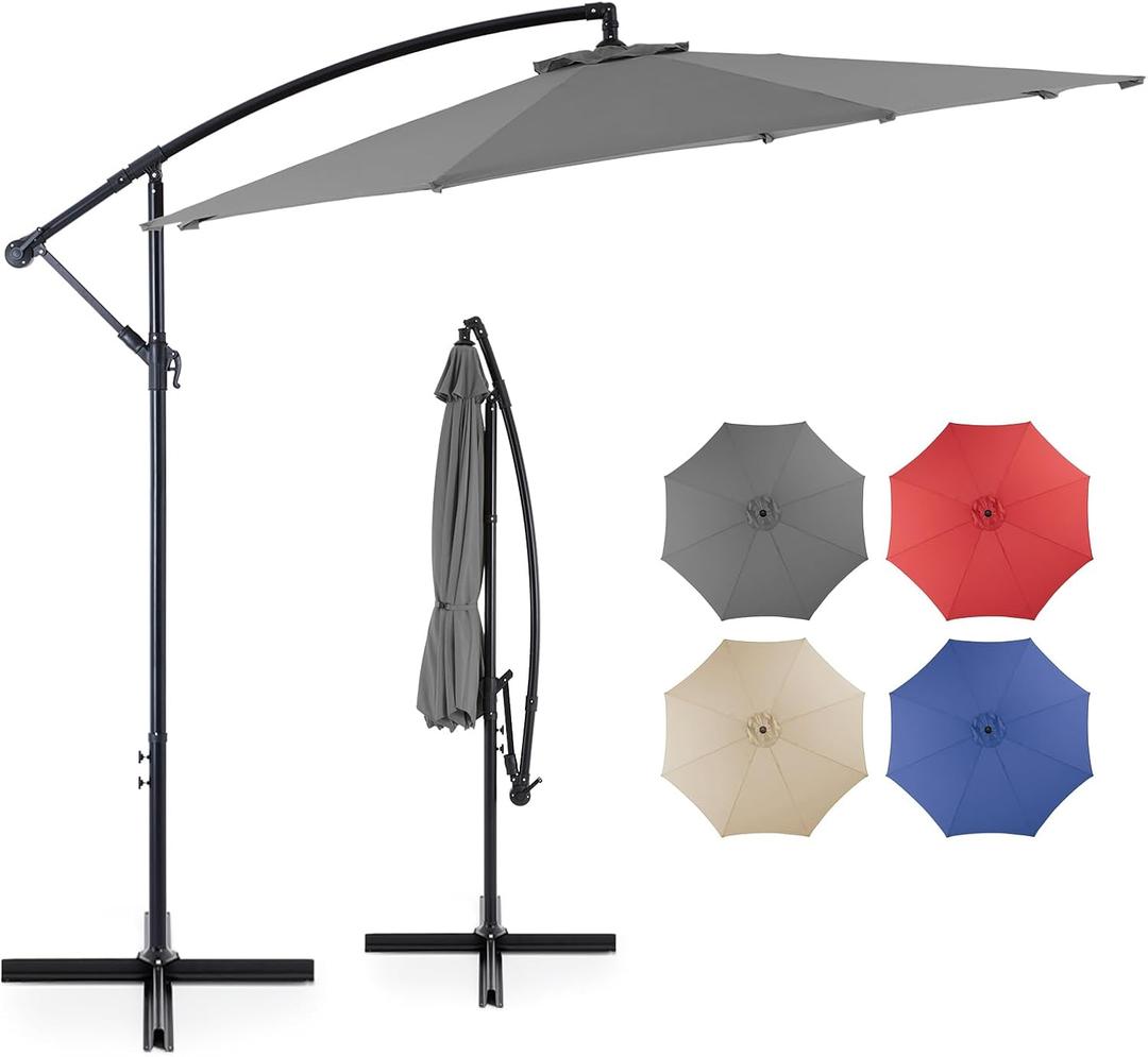 DUMOS 10FT Cantilever Patio Umbrellas Hanging Outdoor Offset Umbrella w/Easy Tilt Adjustment, 8 Ribs, UV Protection for Pool Garden Backyard Market, Grey