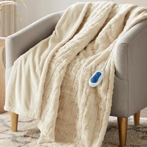 Beautyrest Heated Blanket, Eletric Throw Blanket, Soft, Warm, Reversible Faux Fur - Mink Oversized Heating Blanket Throw, 3 Heat Settings, 2 hr Auto Shut Off, Machine Washable, 50x70 Ivory Texture