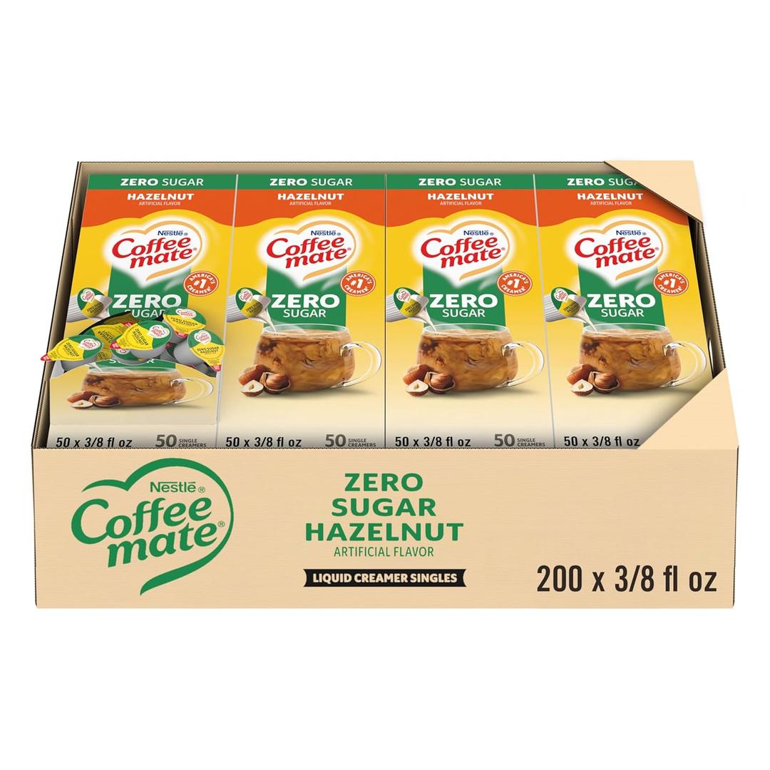 Nestle Coffee mate Coffee Creamer, Zero Sugar Hazelnut, Liquid Creamer Singles, Non Dairy, No Refrigeration, 0.375 fl oz Tubs (Pack of 200) Best Before April 2026