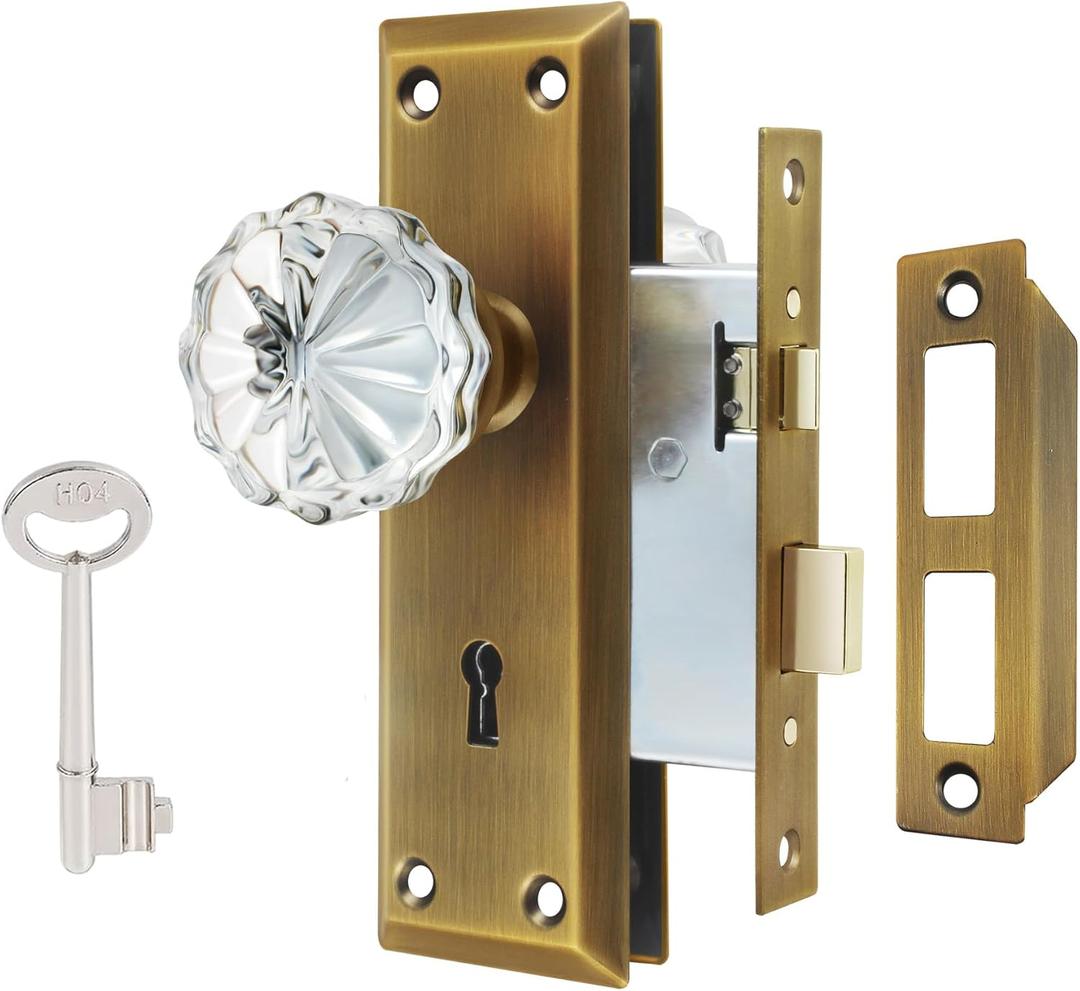 Mortise Lock Set Interior Door, Crystal Glass Door Knobs with Lock and Skeleton Key, Old Door Knob Replacement, Vintage Antique Door Handle, Antique Brass Finish (Mortise(1 Pack))
