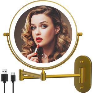 Rechargeable Wall Mounted Lighted Makeup Vanity Mirror 8 Inch Double Sided 1X 10X Magnifying Bathroom Mirror, 3 Color Lighting, Touch Screen Dimming, 360 Rotation Shaving Mirror (Antique Brass)