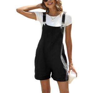 Ailoqing Womens Cotton Linen Short Overalls Casual Summer Bib Shortalls Rompers with Pockets (Large, Black)