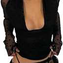 GIYKBX Womens Polka Dots Mesh Sexy Sheer Long Sleeve Deep V Neck Tie Up Blouse Shirt Crop Tops, Size M