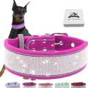 Bling Diamond Dog Collar for Females Girls,Soft Velvet Leather with Fancy Sparkly Crystal Rhinestones,Reflective Stripe,Suit Medium Large Dogs (Hot Pink,Adjust:12''-16'')