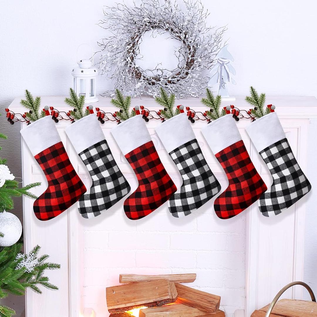 Skylety 6 Pcs Christmas Stockings 15 Inch Buffalo Plaid Stocking Classic Fireplace Hanging Stockings for Family Farmhouse Xmas Party Decoration (Red Black and Black White)