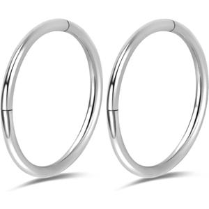 2Pcs Titanium Nose Rings 20G 18G 16G 14G Nose Rings Hoops Diameter 5mm to 13mm Rose Gold-Black Cartilage Helix Tragus Daith Rook Hoop Earrings Hinged Segment Septum Clicker Body Piercing Jewelry (Silver)
