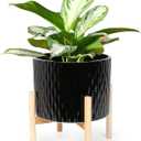 LaDoVita Ceramic Plant Pot with Stand, 10 Inch Planter with Wood Shelf, Modern Round Flower Pots Indoor with Wood Planter Holder, Black Water Ripple Pattern