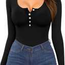 MANGOPOP Women Long Sleeve Scoop Neck Henley T Shirts Button Down Slim Fit Tops Ribbed Knit Shirts XL, black