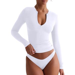 REORIA Double Lined Quarter Zip Sexy V Neck Long Sleeve Cropped Top Going Out Tops for Womens Fall Fashion 2025 (Medium, White)
