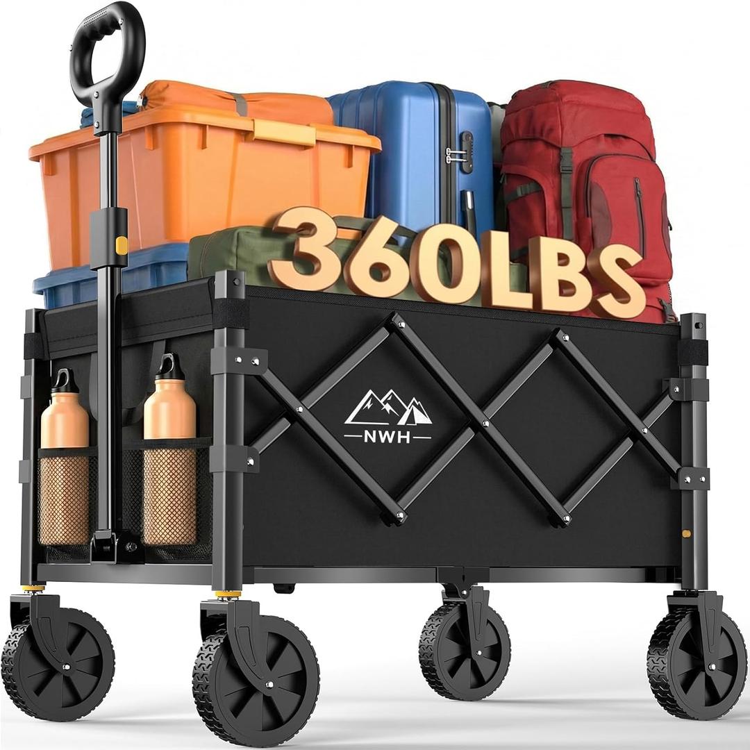 NWH Collapsible Wagon Cart with Wheels Foldable, 360LBS Large Capacity Portable Folding Utility Heavy Duty Beach Wagons Cart with All-Terrain Wheels for Groceries Shopping, Camping, Sports, Garden