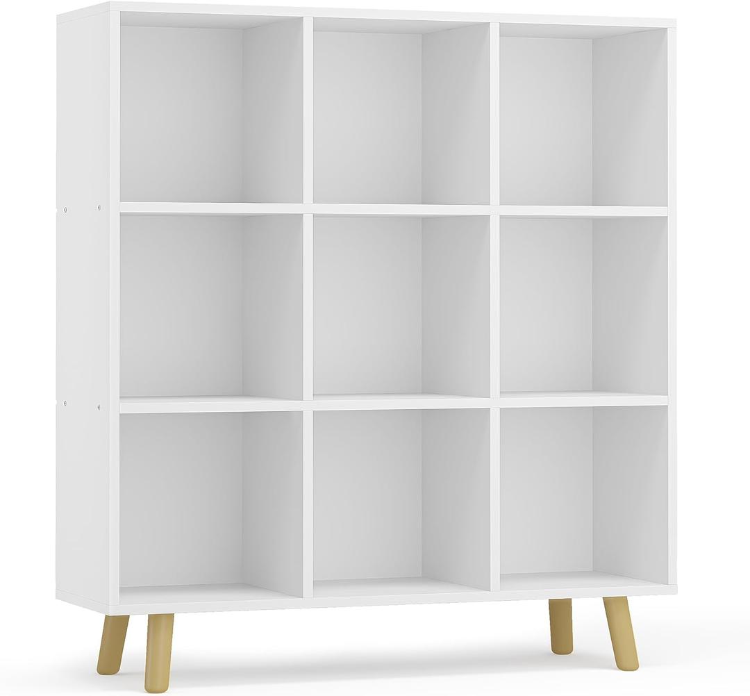 9-Cube Open Shelf Bookcase - 3-Tier Wooden Floor-Standing Bookshelf with Legs and Backpanel, Ideal for 11-inch Fabric Storage Bins and Miscellaneous Organizer, White