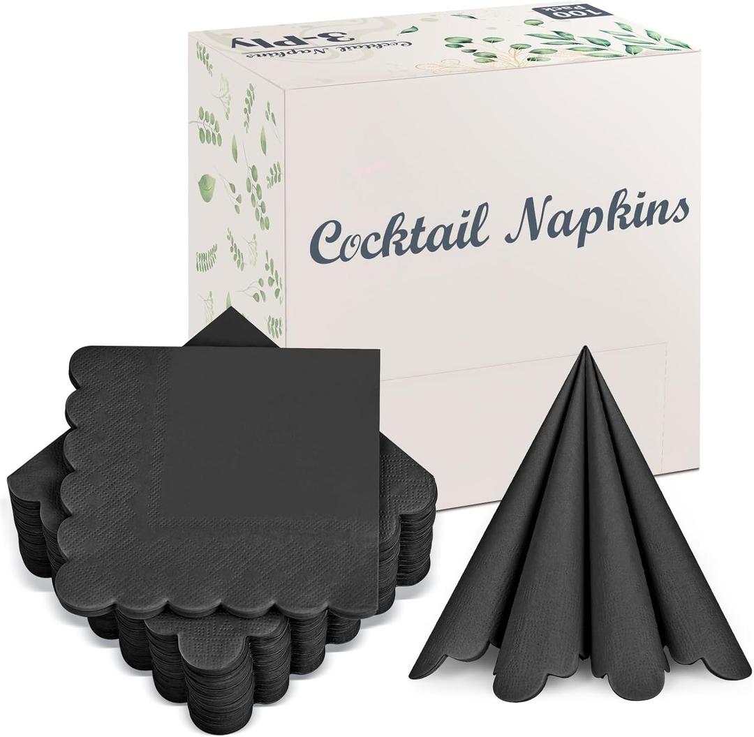 100 Pack Cocktail Napkins, 3-Ply Scalloped Edged Wedding Napkins Folded 5 x 5 Inches Dessert Napkins, Disposable Napkins for Dinner Birthday Party Bridal Anniversary Baby Shower Reception (Black)