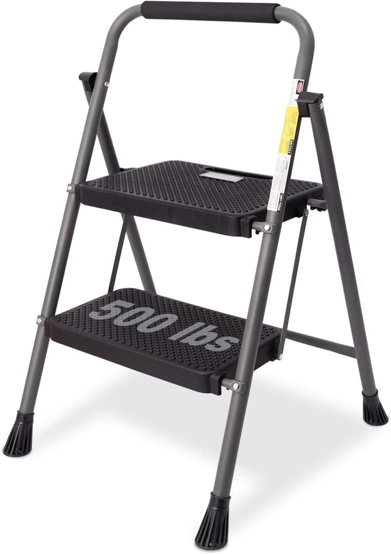 2 Step Ladder, GOLYTON 2 Lightweight Folding Step Stool with Wide Anti-Slip Pedal and Comfort Handgrip, Lightweight 500 lbs Portable Steel Ladder Multi-Use Household and Office, Grey (Gray)