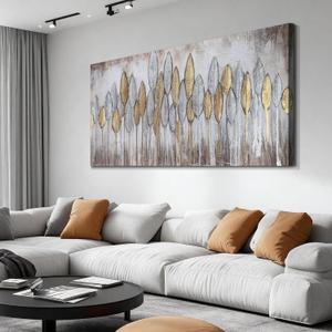 Acocifi Beige Neutral Canvas Wall Art Living Room, Abstract Leaf Gold Textured Painting, Modern Minimalist Picture Artwork Framed for Bedroom Dining Room Office Home Extra Large Decor 58"x29"