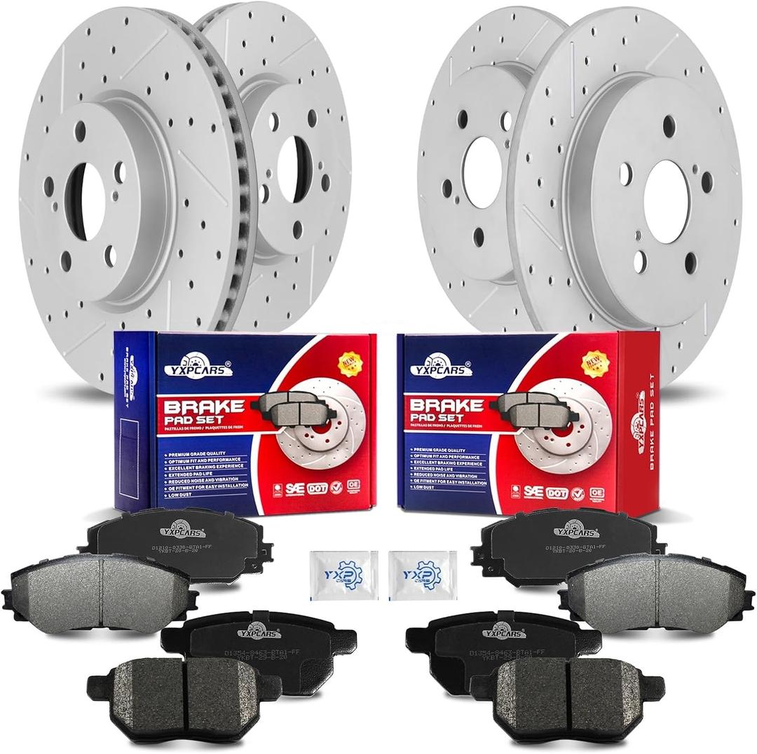 Front & Rear Drilled Slotted Rotors and Ceramic Disc Brake Pads Kit for Pontiac Vibe 2009-2010, for Toyota Corolla 2009 2010 2011 2012 2013 2014 2015 2016 2017 2018/ Matrix 2009-2014