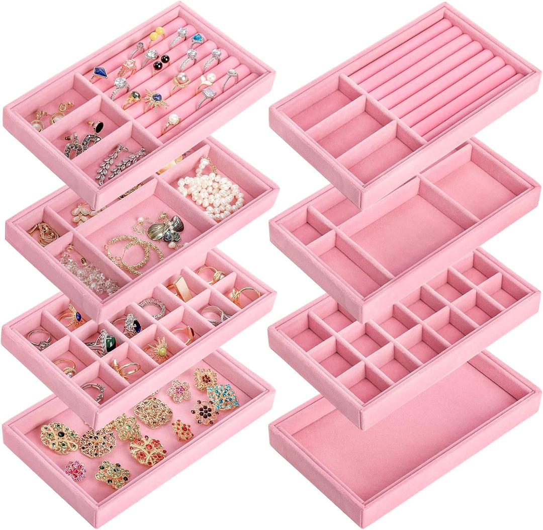 Elsjoy 8 Pack Pink Velvet Jewelry Tray, Drawer Insert Jewelry Organizer Tray Stackable Jewelry Storage Holder, Divided Earring Display Trays for Necklace, Ring, Bracelet, 4 Styles