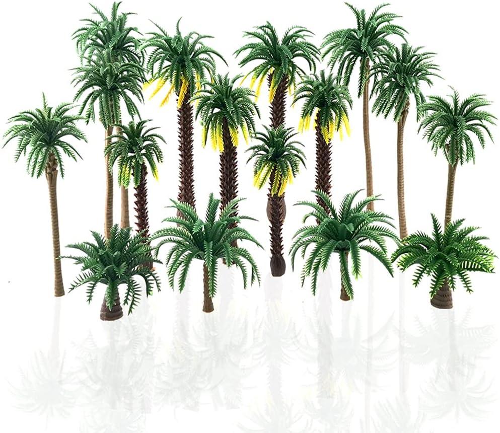 16 Pieces Plastic Model Tropical Coconut Palm Tree Cake Topper Diorama Trees for Model Train Railway Fairy Garden