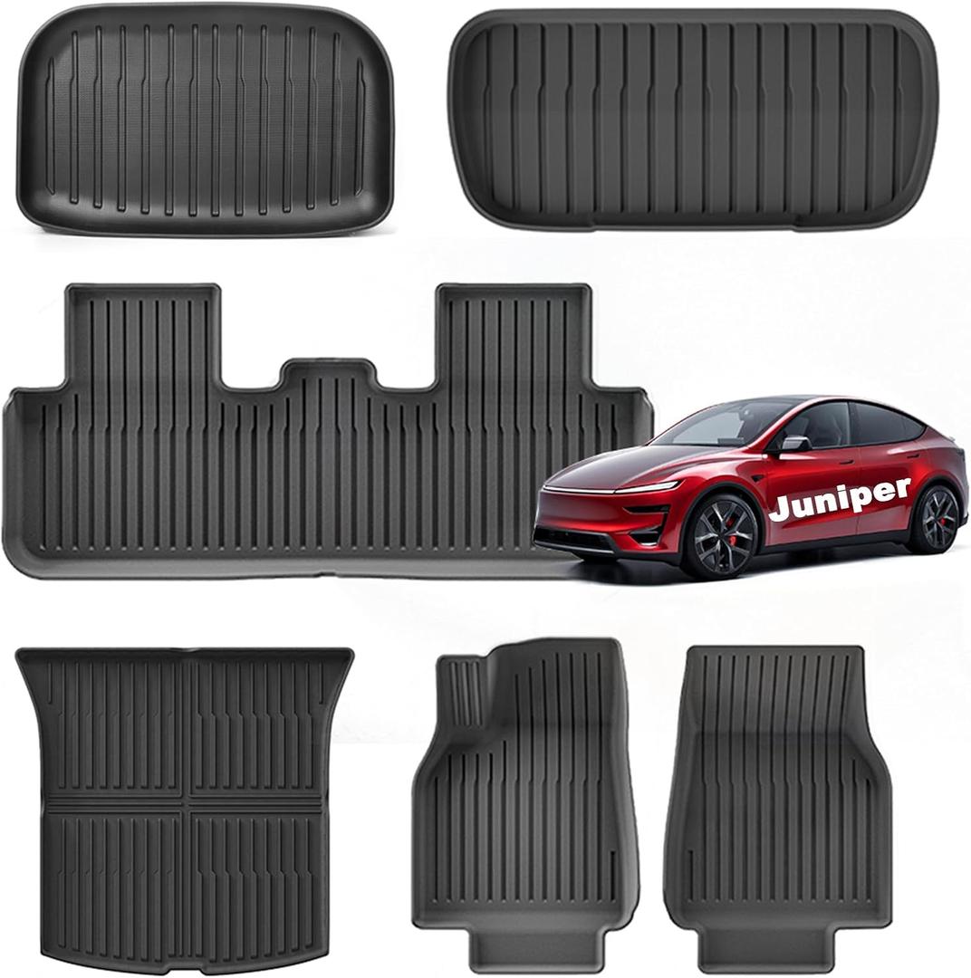 2025 2026 Tesla Model Y Juniper Floor Mats, Cargo Mats Full Sets, Non-Slip Waterproof & Easy-Clean Durable Upgraded-Lengthened Floor Liners and Cargo Trunk Mats Accessories, Set of 6 Mats