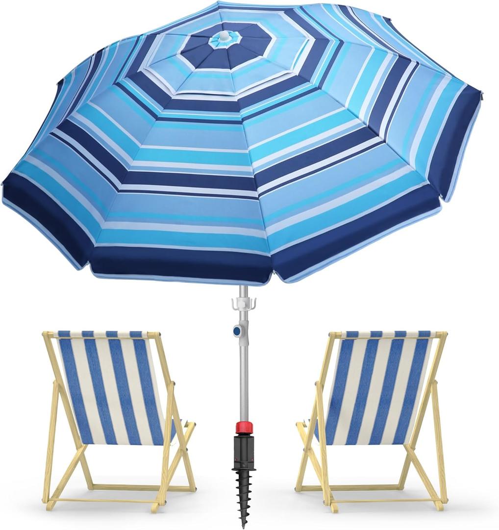 Deluwire 7ft Heavy Duty High Wind Beach Umbrella Parasols with sand anchor & Tilt Sun Shelter, UV 50+ Protection Outdoor Sunshade Umbrellas Carry Bag for Patio Garden Pool Backyard Stripe Blue insert completely into the sand
