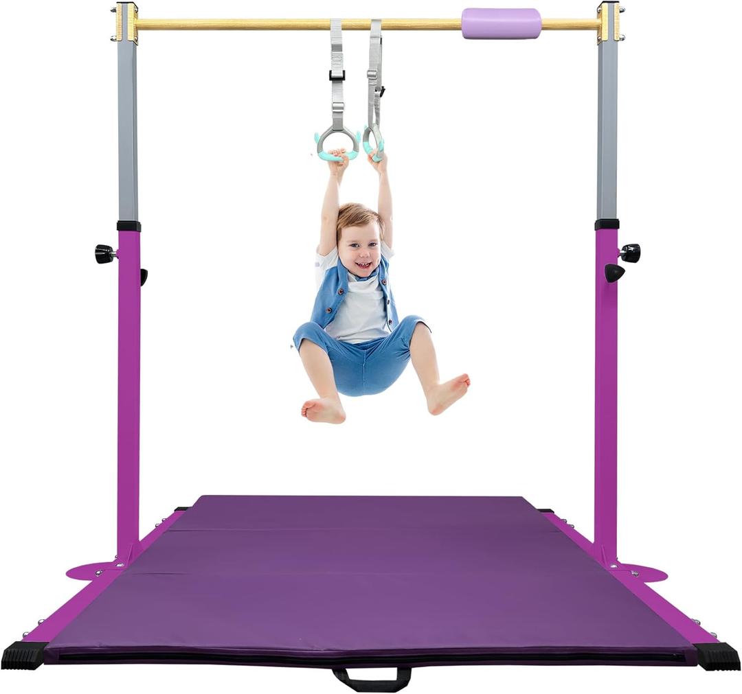 Adjustable Gymnastics Bar for Kids with Mat - Sturdy Kip Bar with Rings, Horizontal Bar for Home Training, 3'-5' Height, Ages 3-15, 250 LBS Capacity, Easy Assembly. (Purple)