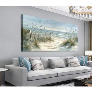 Shoci Sea Beach Wall Art - Large Blue Ocean Seagull Canvas Pictures for Living Room Aesthetic Beach Birds Reed Painting Prints Modern Coastal Seascape Artwork Wall Art for Bedroom Decoration 24" X 48"