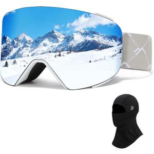 Ski Goggles OTG for Women Men Adult Youth,YH693C Magnetic Snowboard Goggles,Winter Snow Goggles for Skiing Skating (White Frame Silver Lens-vlt 13% With Mask)