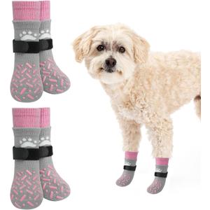SCENEREAL Dog Socks to Prevent Licking Paws for Hot/Cold Pavement, Anti Slip Long Dog Grip Socks for Hardwood Floors, Dog Shoes Booties & Paw Protector for Small Medium Large Senior Dog, Pink XS (XS(Pack of 4), Classic Style-Pink)