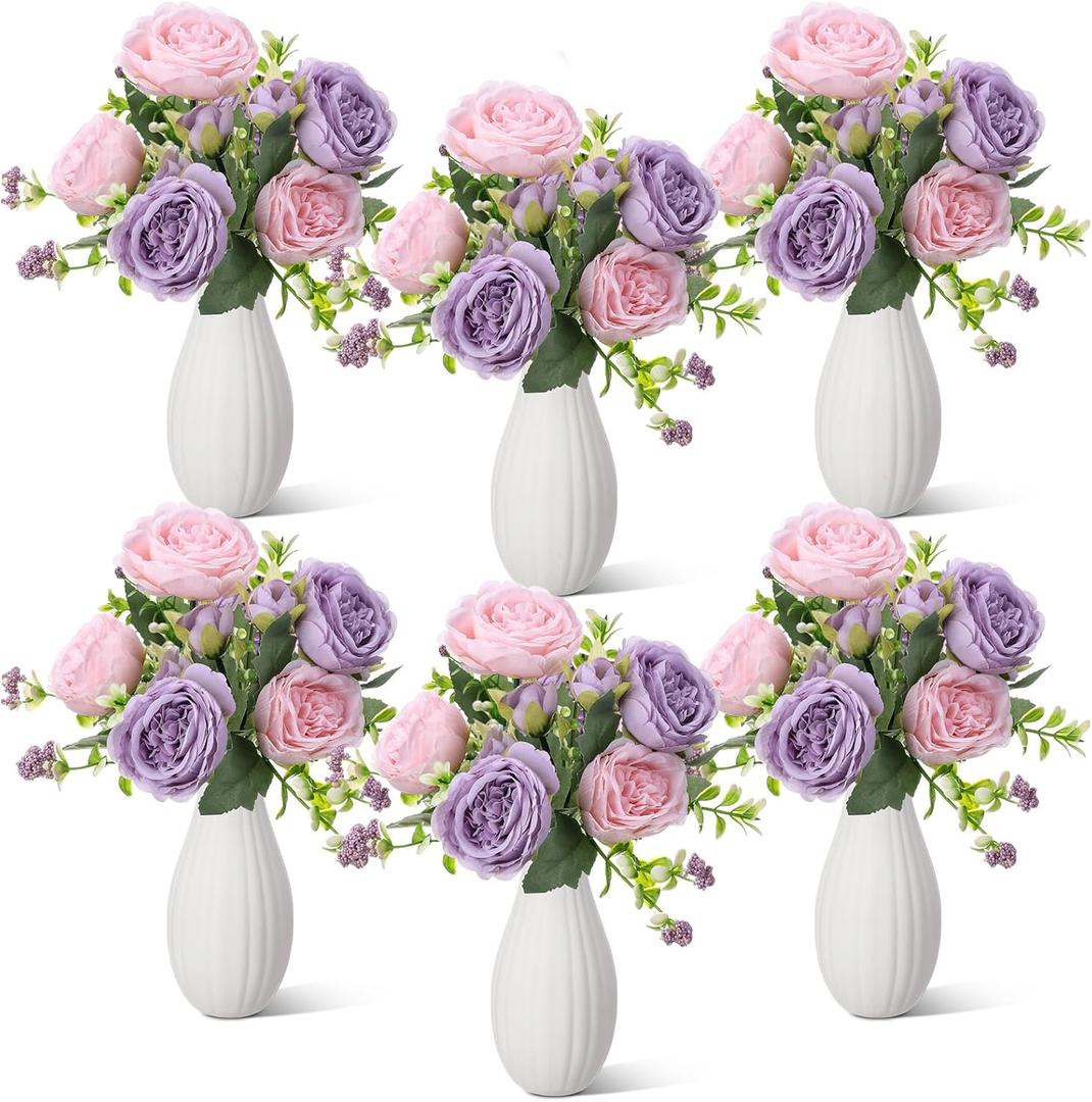 Reallnaive 6 Sets Artificial Peonies Ceramic Vases Rustic Faux Peonies Decorations Small Fake Floral Arrangements for Wedding Home Decor Decorative Farmhouse Bookshelf Table Centerpiece