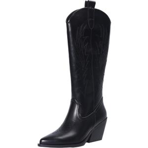 Cowboy Boots for Women - Knee High Cowgirl Boots with Side Zipper, Mid Heel & Easy Pull-On (Black)