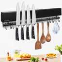 17 inch magnetic knife holder with 10 hooks, No Drilling black knife magnetic strip and utensil hanger for wall, Powerful knife magnet rack include tape and screws